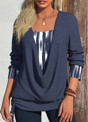 Navy Fake 2in1 Geometric Print Long Sleeve T Shirt - unsigned - Modalova