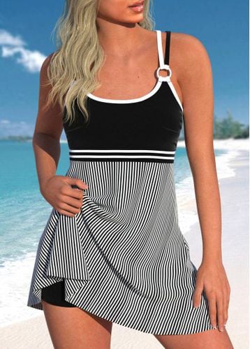 Criss Cross Striped Black Swimdress Top - unsigned - Modalova