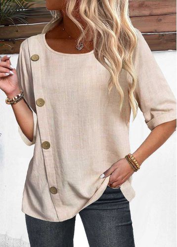 Light Camel Button Half Sleeve Round Neck Shirt - unsigned - Modalova