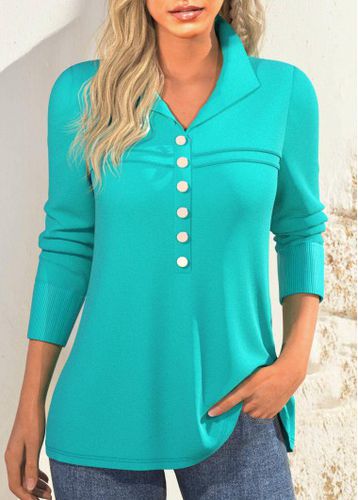 Mint Green Button Long Sleeve Polo Collar T Shirt - unsigned - Modalova