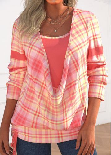 Coral Layered Plaid Long Sleeve Draped Neck T Shirt - unsigned - Modalova