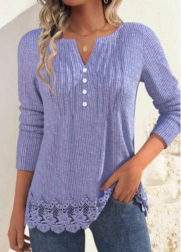 Dusty Purple Embroidery Long Sleeve Split Neck T Shirt - unsigned - Modalova