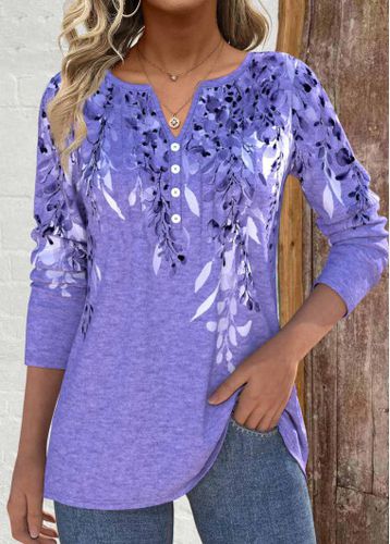 Light Purple Tuck Stitch Leaf Print T Shirt - unsigned - Modalova