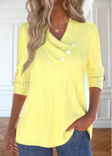 Light Yellow Button Long Sleeve V Neck T Shirt - unsigned - Modalova