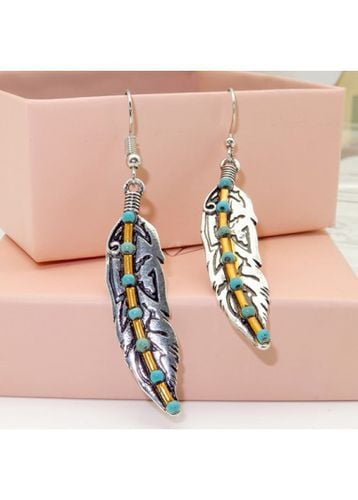 Turquoise Metal Feathers Design Retro Earrings - unsigned - Modalova