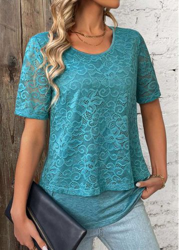 Turquoise Lace Short Sleeve Round Neck T Shirt - unsigned - Modalova