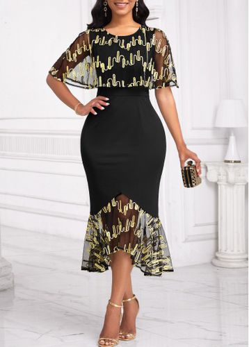 Black Embroidery High Low Short Sleeve Bodycon Dress - unsigned - Modalova