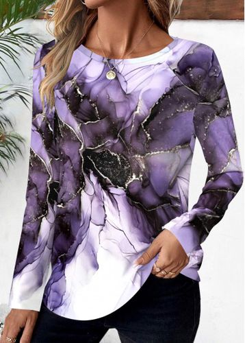 Purple Floral Print Long Sleeve Round Neck T Shirt - unsigned - Modalova