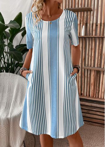 Light Blue Pocket Striped Short Sleeve Shift Dress - unsigned - Modalova