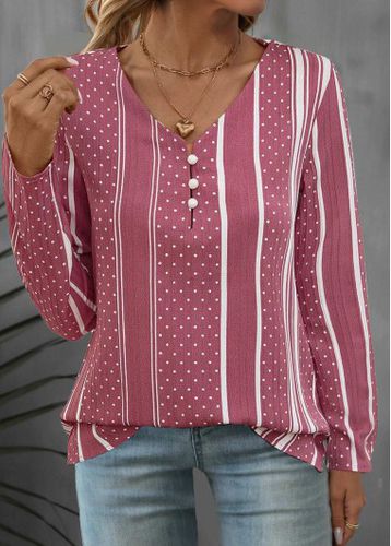 Pink Button Polka Dot Long Sleeve V Neck Blouse - unsigned - Modalova