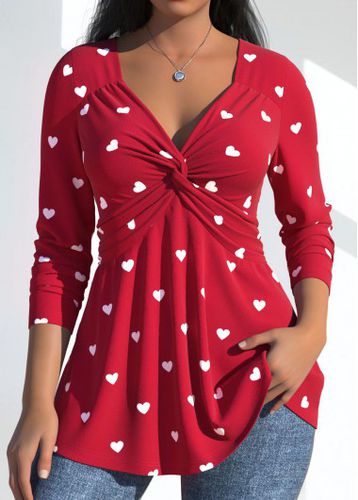 Red Twist Heart Print Long Sleeve T Shirt - unsigned - Modalova