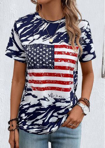 American Flag Blue Patchwork Short Sleeve T Shirt - unsigned - Modalova