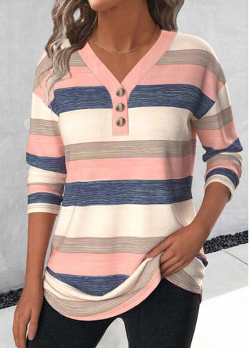 Light Pink Button Striped Long Sleeve T Shirt - unsigned - Modalova
