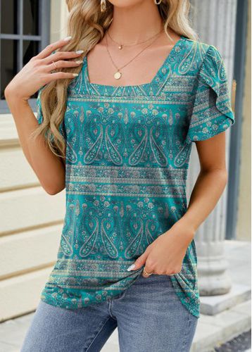 Turquoise Split Tribal Print Short Sleeve T Shirt - unsigned - Modalova