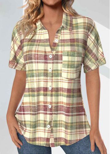 Multi Color Pocket Plaid Short Sleeve Shirt Collar Blouse - unsigned - Modalova