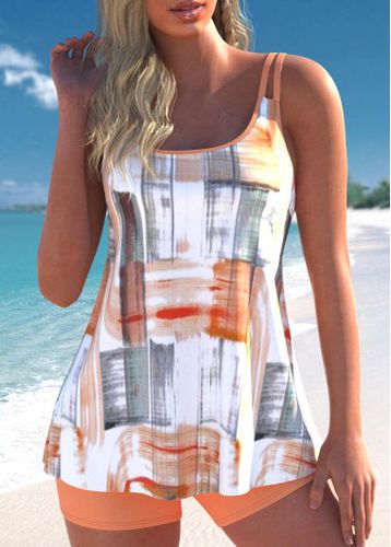 Contrast Binding Geometric Print Orange Tankini Set - unsigned - Modalova