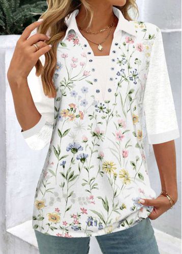White Patchwork Floral Print Shirt Collar Blouse - unsigned - Modalova