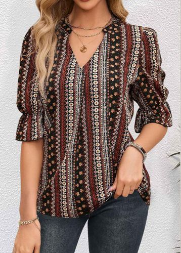 Multi Color Ruched Tribal Print Half Sleeve Blouse - unsigned - Modalova