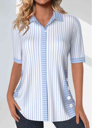 Light Blue Patchwork Striped Half Sleeve Shirt Collar Blouse - unsigned - Modalova