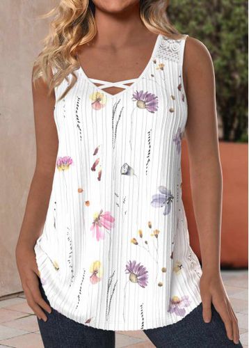 White Lace Floral Print V Neck Tank Top - unsigned - Modalova