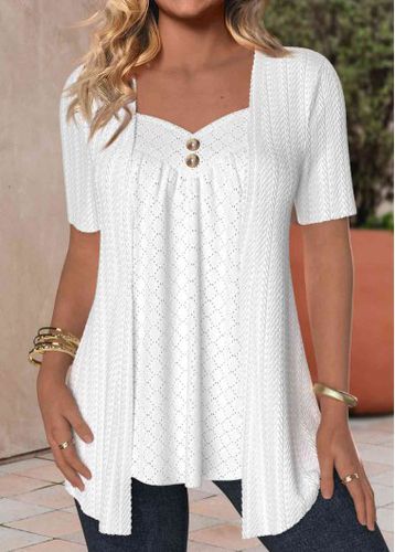 White Textured Fabric Short Sleeve Heart Collar T Shirt - unsigned - Modalova