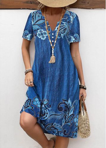 Denim Blue Button Floral Print A Line Dress - unsigned - Modalova