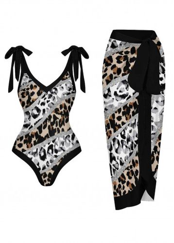 Leopard Bnowknot Black One Piece Swimwear and Skirt - unsigned - Modalova
