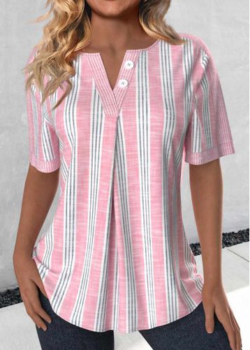 Light Pink Striped Short Sleeve Split Neck Blouse - unsigned - Modalova