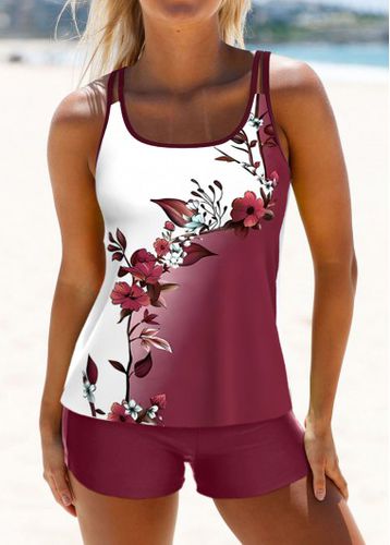 Patchwork Floral Print Deep Red Tankini Set - unsigned - Modalova