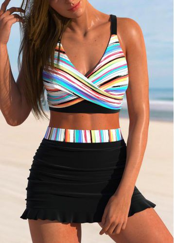 Surplice Multi Stripe Print Black Bikini Set - unsigned - Modalova