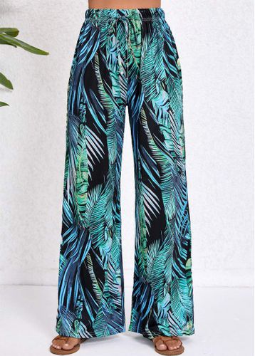 Turquoise Pocket Tropical Plants Print Elastic Waist Pants - unsigned - Modalova