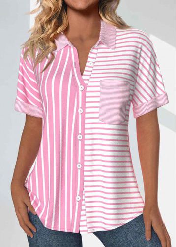 Pink Pocket Striped Short Sleeve Shirt Collar Blouse - unsigned - Modalova