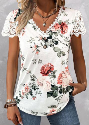 White Lace Floral Print Short Sleeve T Shirt - unsigned - Modalova