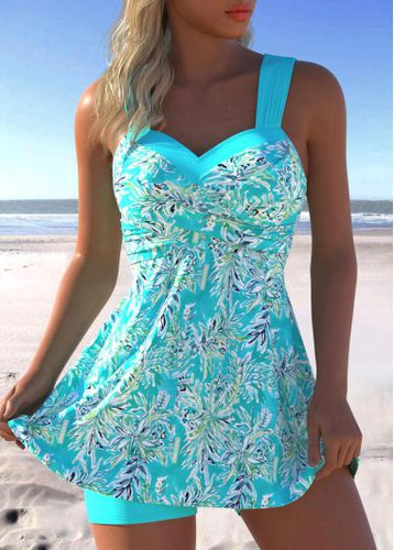 Surplice Leaf Print Cyan Swimdress and Shorts - unsigned - Modalova