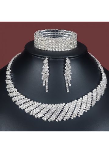Silvery White Rhinestone Copper Necklace and Bracelet Set - unsigned - Modalova