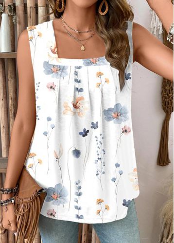 White Ruched Floral Print Sleeveless Square Neck Tank Top - unsigned - Modalova