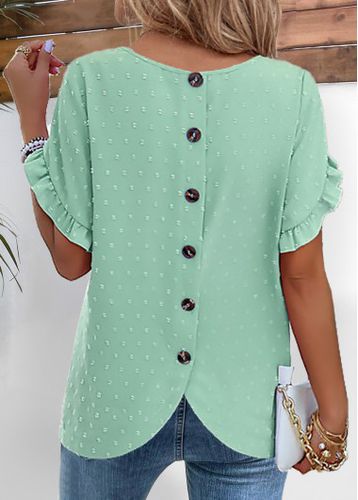 Mint Green Button Short Sleeve Round Neck Blouse - unsigned - Modalova