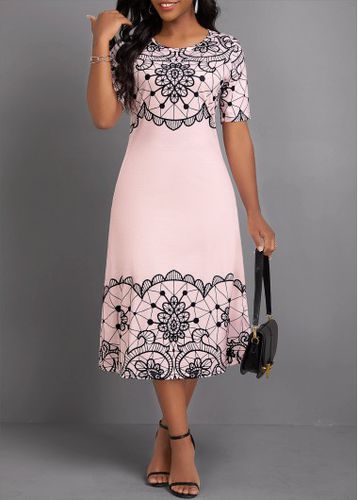 Light Pink Geometric Print Short Sleeve Round Neck Dress - unsigned - Modalova