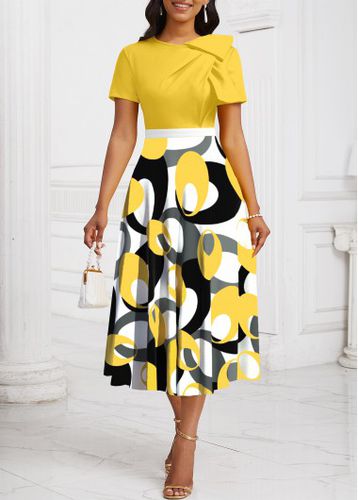 Yellow Patchwork Geometric Print Short Sleeve Round Neck Dress - unsigned - Modalova