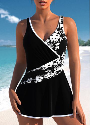 Floral Print Black One Piece Swimdress - unsigned - Modalova
