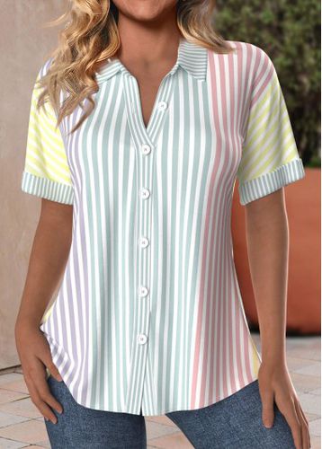 Multi Color Button Striped Short Sleeve Shirt Collar Blouse - unsigned - Modalova