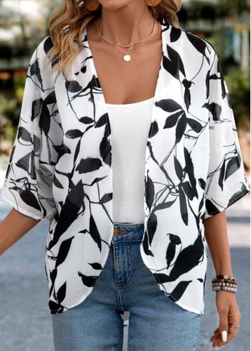 White Leaf Print 3/4 Sleeve Cardigan - unsigned - Modalova