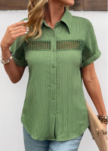 Green Patchwork Short Sleeve Shirt Collar Blouse - unsigned - Modalova