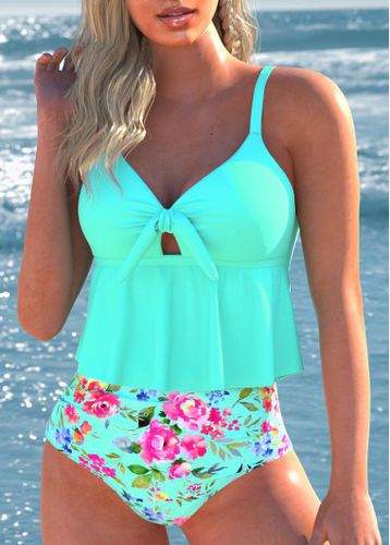 Bowknot Floral Print Mint Green Bikini Set - unsigned - Modalova