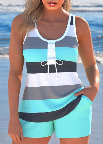 Bowknot Patchwork Striped Cyan Tankini Set - unsigned - Modalova