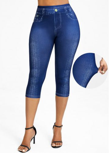 Denim Blue Denim-effect Print High Waisted Capri Leggings - unsigned - Modalova