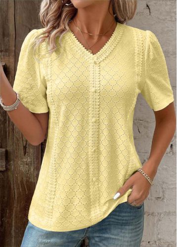 Light Yellow Patchwork Short Sleeve V Neck T Shirt - unsigned - Modalova