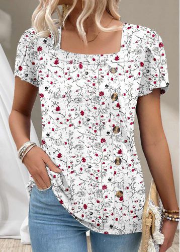 White Button Ditsy Floral Print Short Sleeve T Shirt - unsigned - Modalova