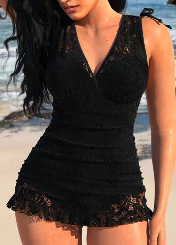 Lace Wide Strap Black One Piece Swimdress - unsigned - Modalova