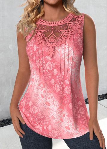 Pink Lace Tribal Print Sleeveless Round Neck Tank Top - unsigned - Modalova